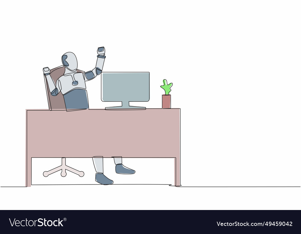 Continuous one line drawing happy robot sitting