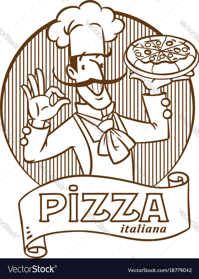 Funny italian chef with pizza emblem design