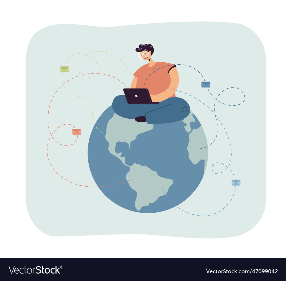 Man sitting on globe and sending emails vector image Man sitting on globe and sending emails