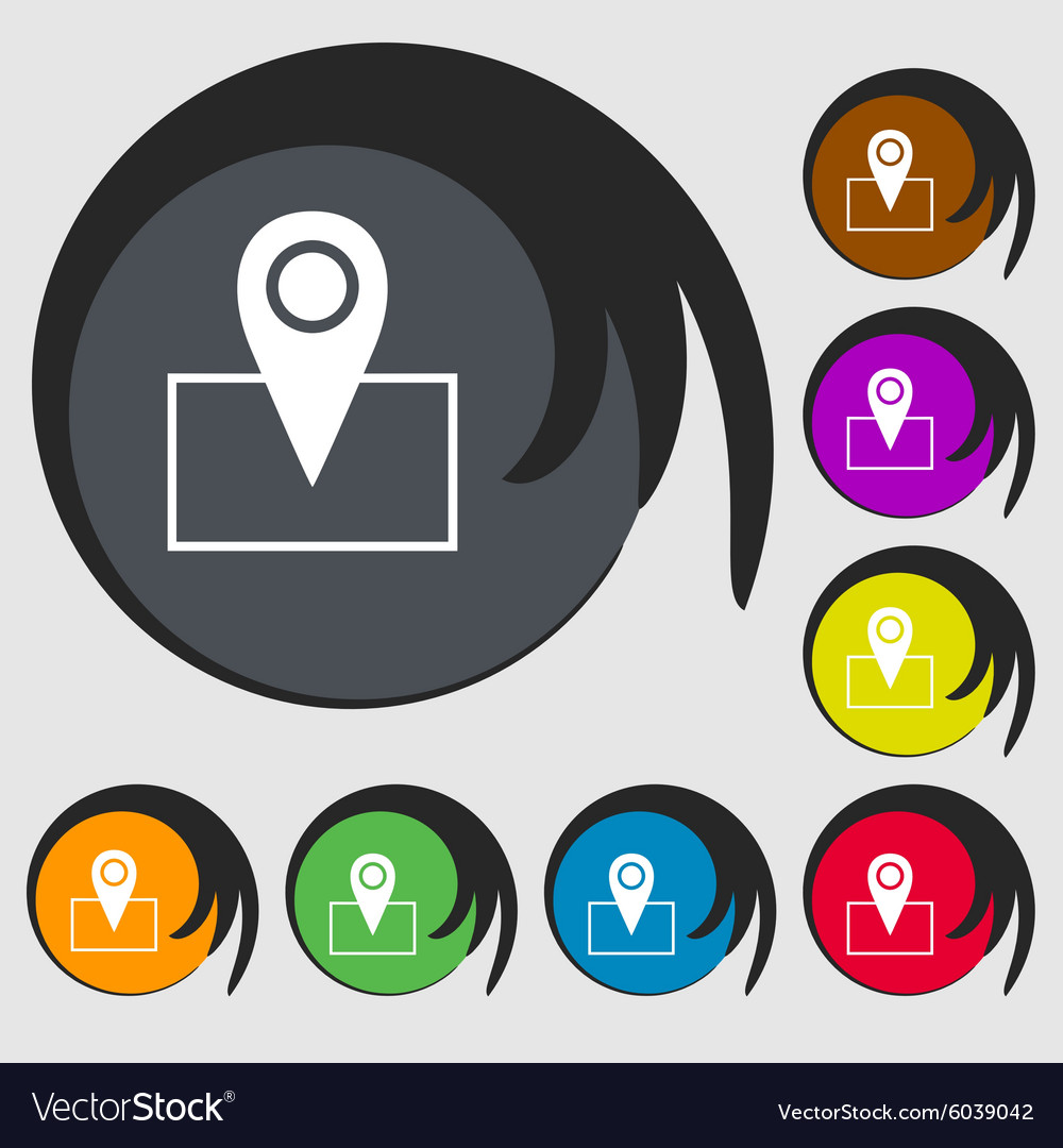 Map pointer icon sign symbols on eight colored