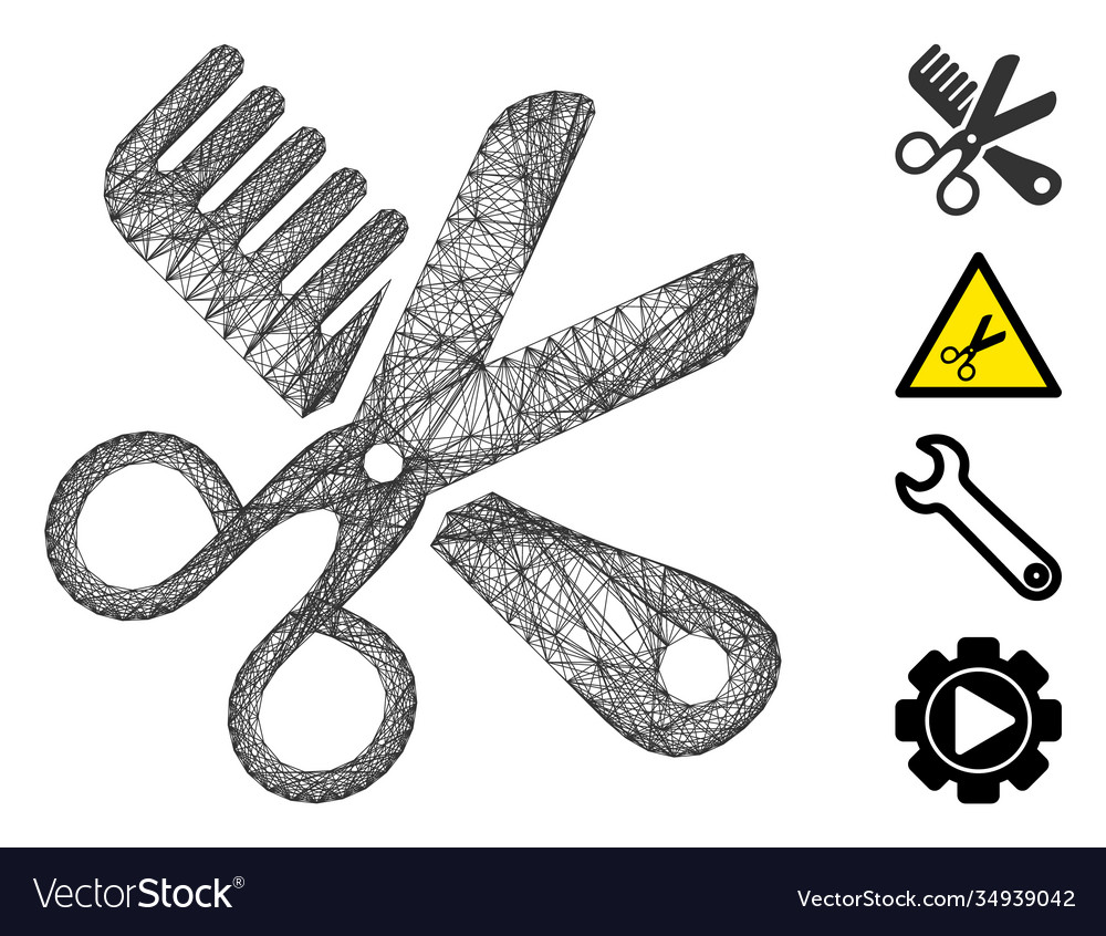 Net comb and scissors tools mesh vector image Net comb and scissors tools mesh
