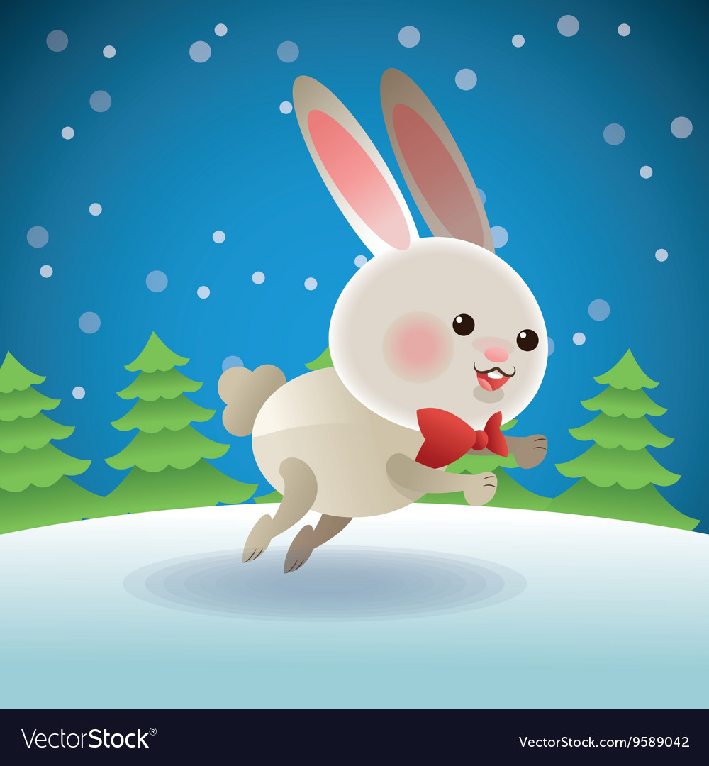 Rabbit and pine tree icon snowing background