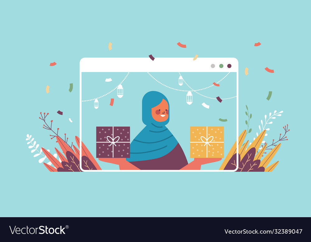 arabic-woman-celebrating-online-birthday-party-vector-image