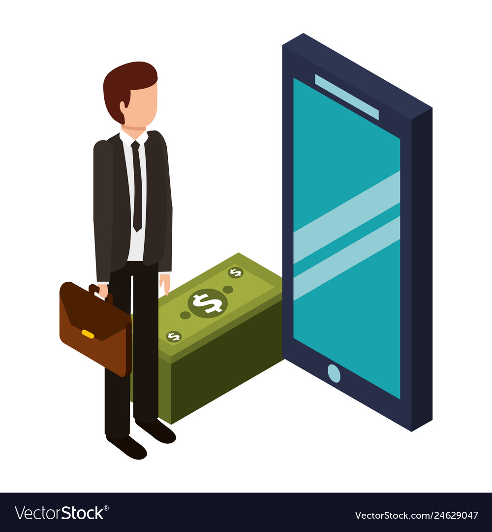 Businessman with smartphone and stack bill dollar