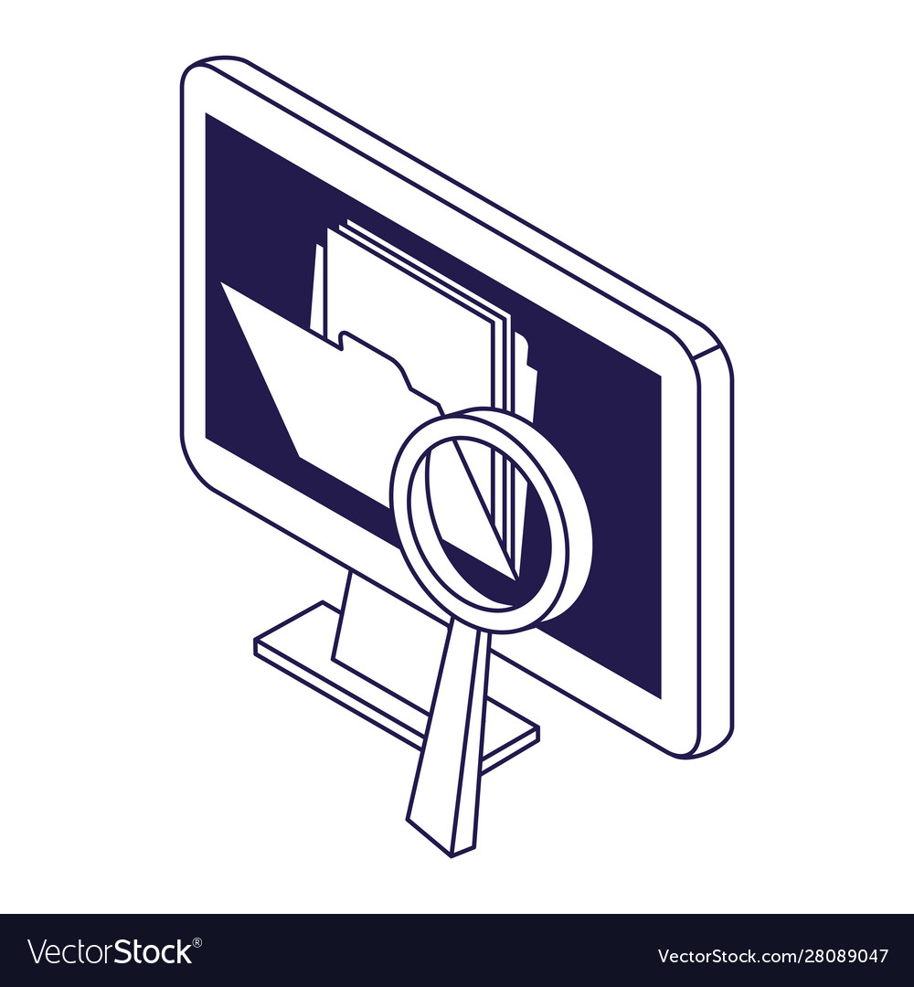 Computer with folder and magnifying glass