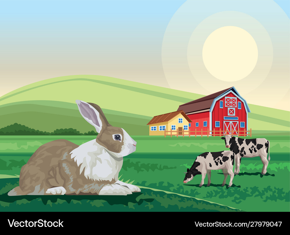 Cows and rabbit in landscape scene Royalty Free Vector Image