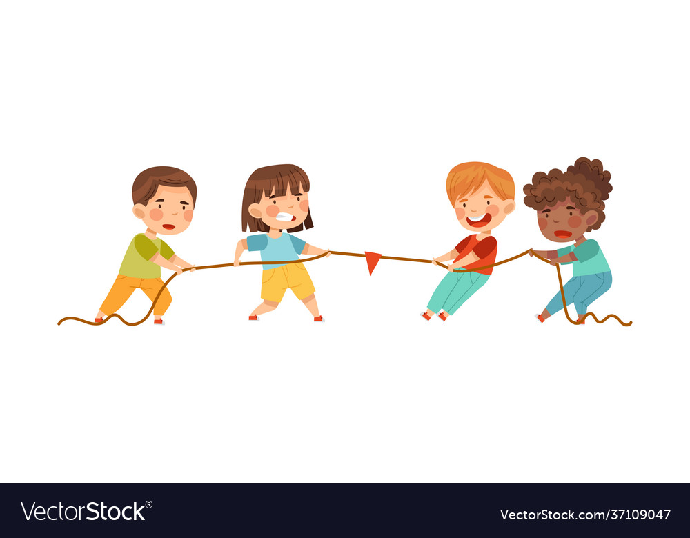 Little boy and girl playing tug war or rope