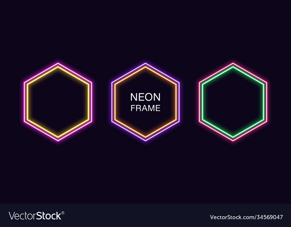 Neon hexagon frame set hexagonal border vector image Neon hexagon frame set hexagonal border
