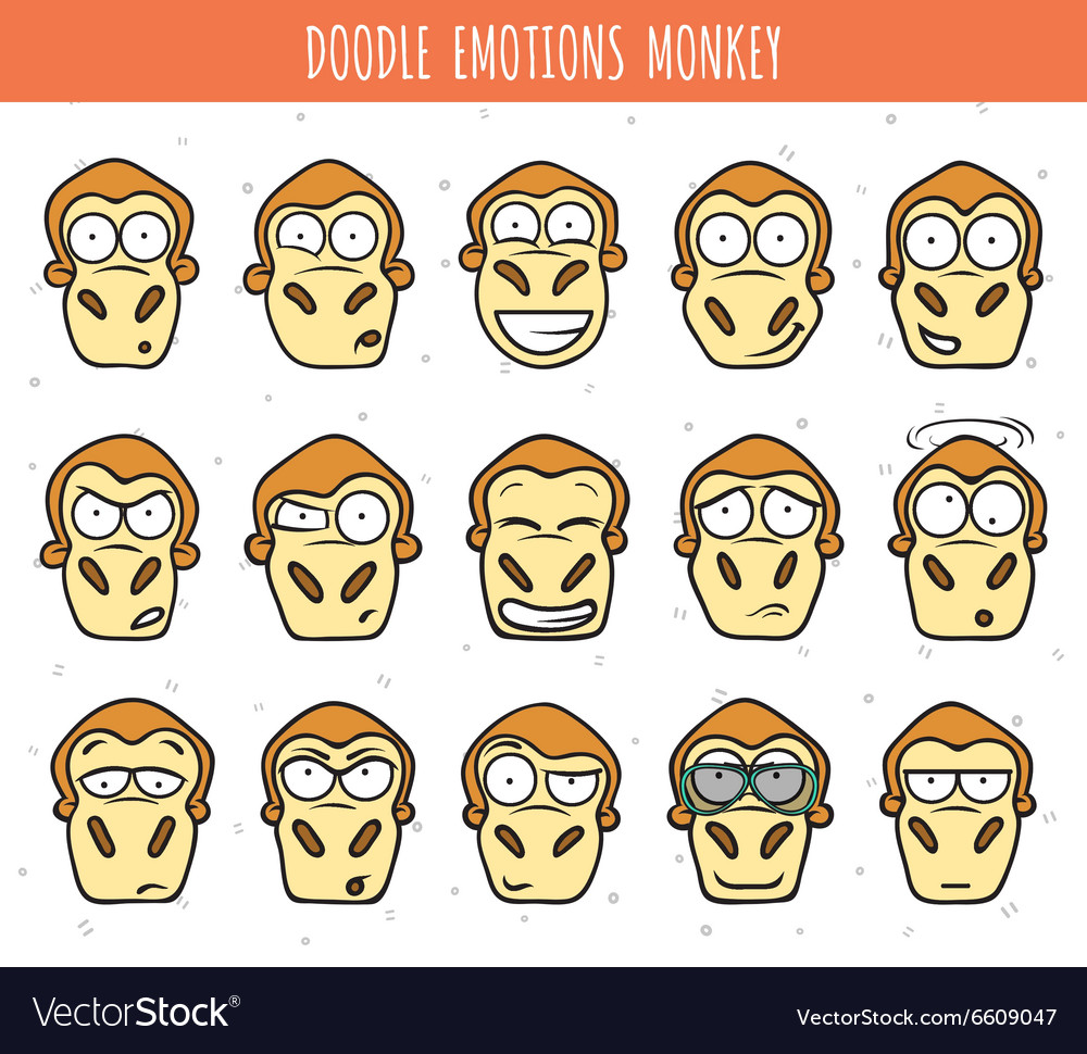 Set 15 Doodle Heads Of Monkeys With Different Vector Image