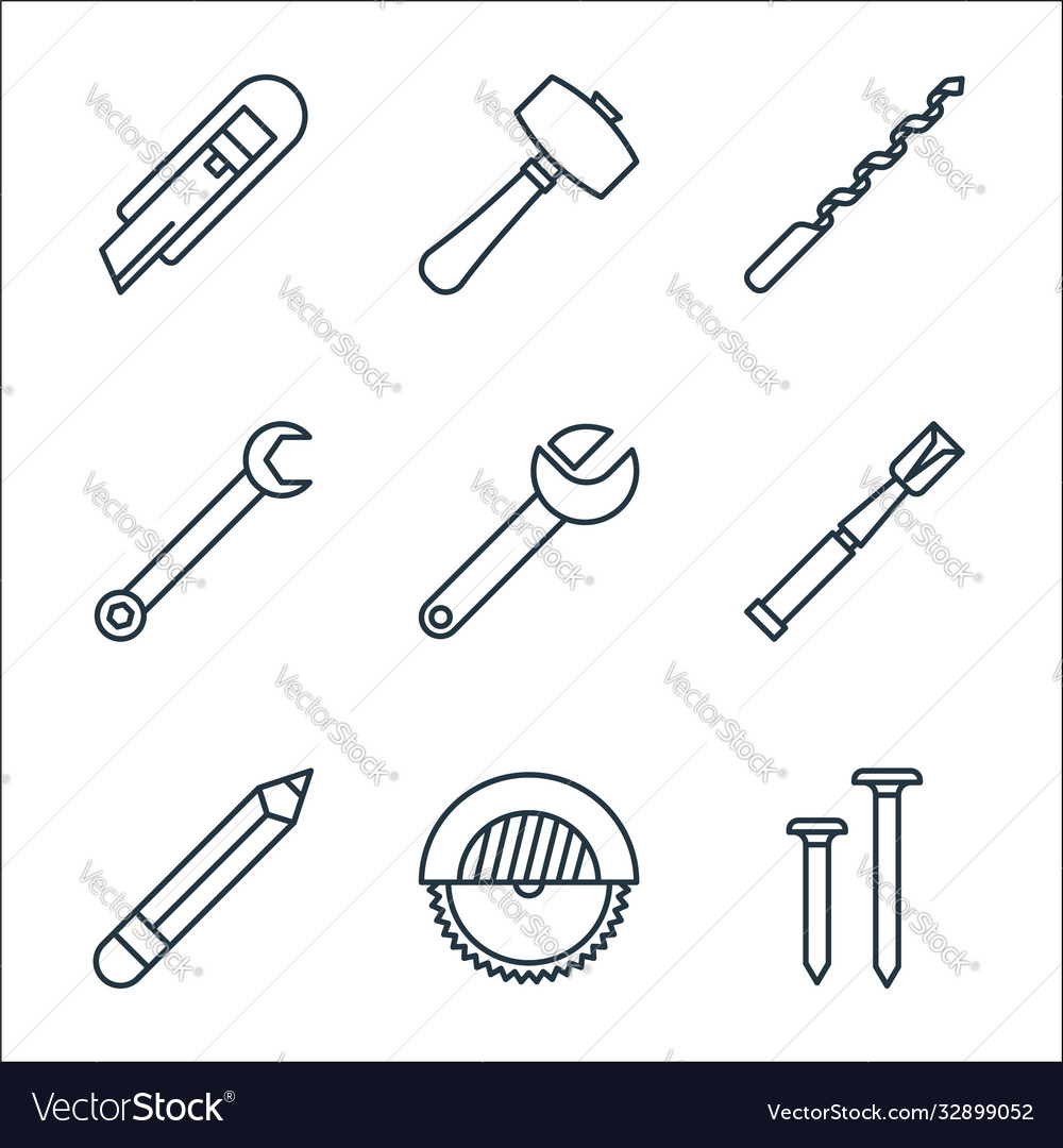 Carpentry line icons linear set quality vector image Carpentry line icons linear set quality