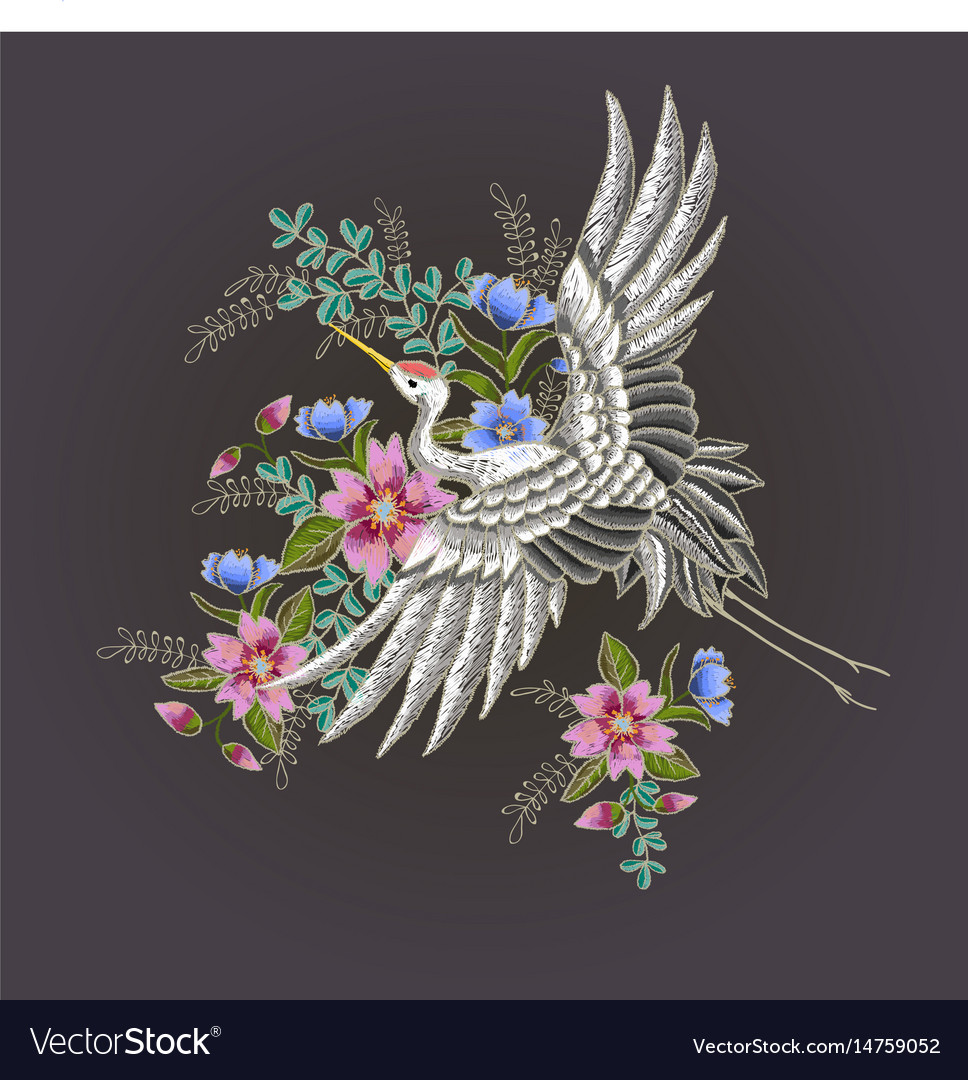 Japanese white crane and flowers Royalty Free Vector Image