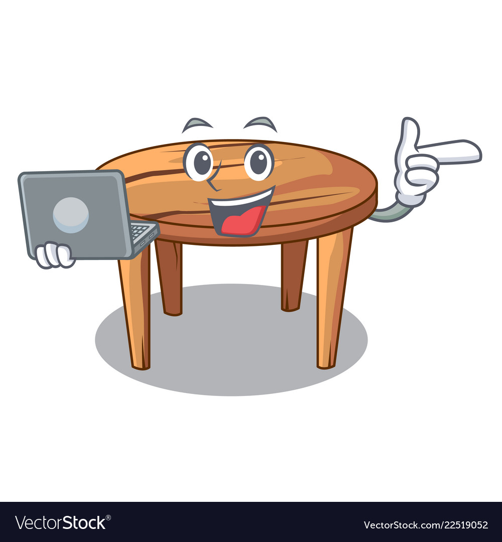 With laptop character wooden table