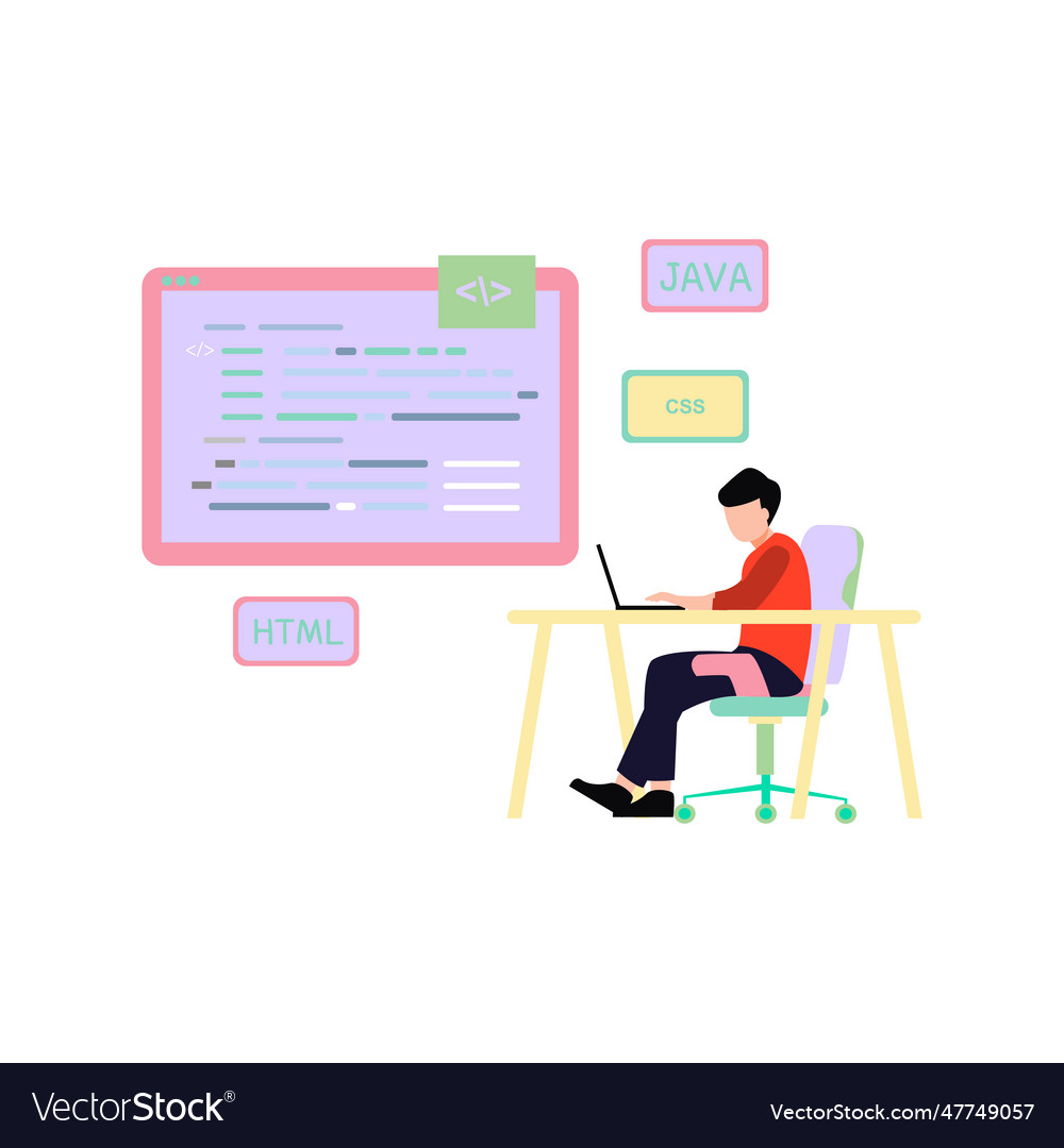 Boy arbeitet an Java Codierung vector image Boy arbeitet an Java Codierung