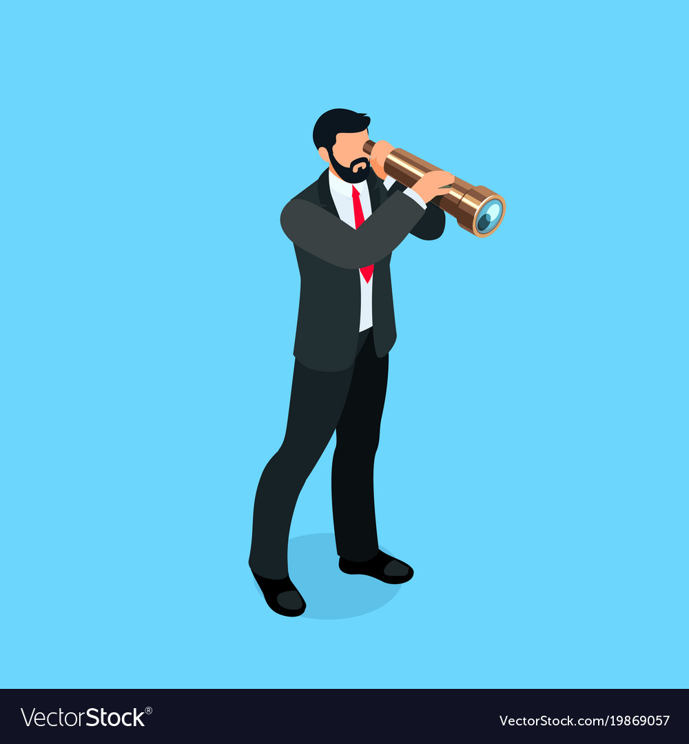 Isometric businessman looks in a spyglass