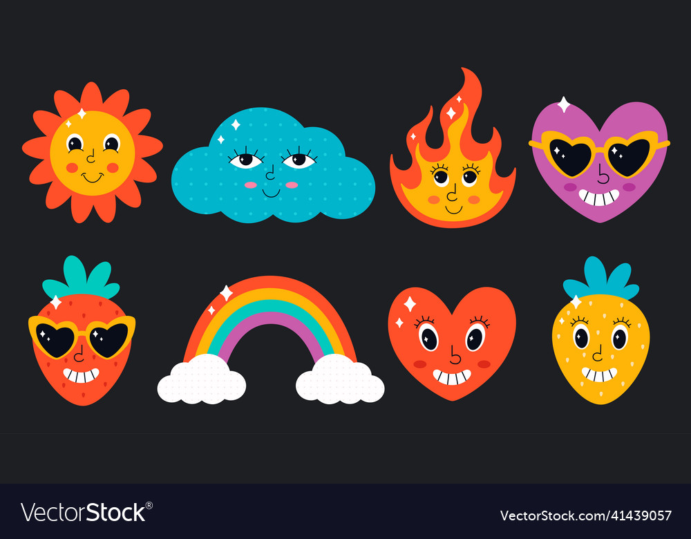 Set of cute characters and elements in psychedelic