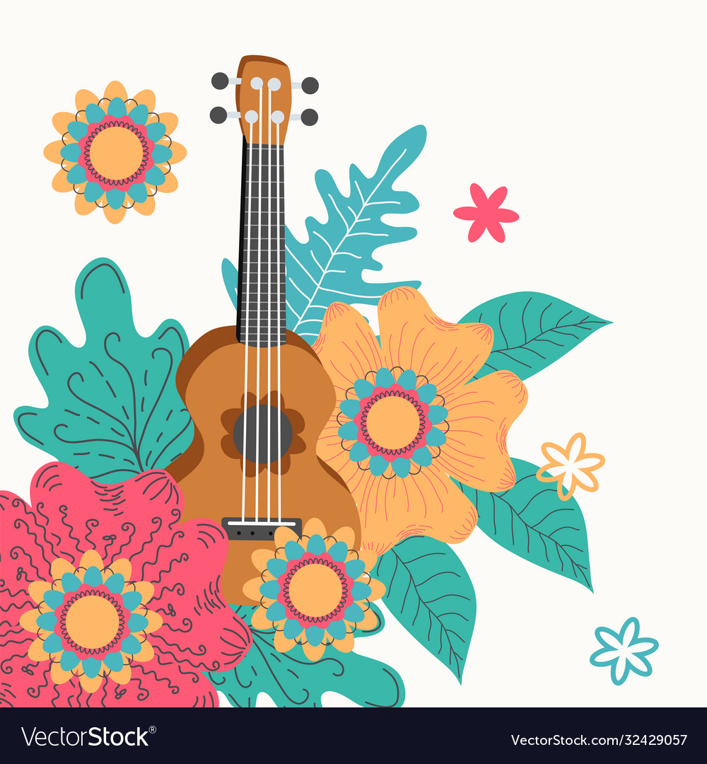 Ukulele and tropical leafs hand drawn Royalty Free Vector