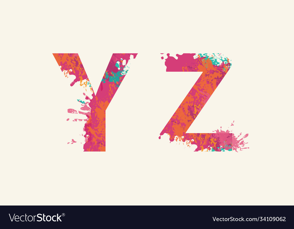 Abstract alphabet letters y z with color blots Vector Image