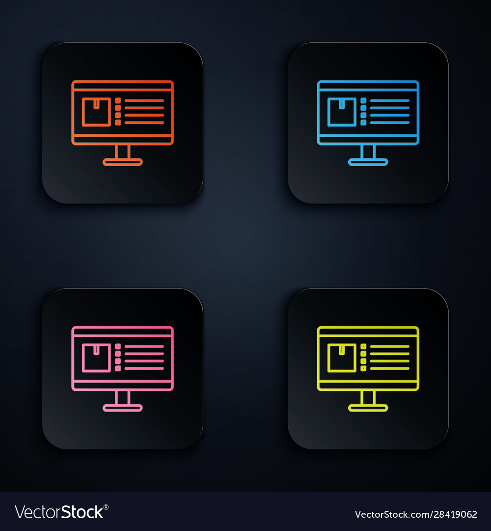 Color neon line computer monitor with app delivery vector image Color neon line computer monitor with app delivery