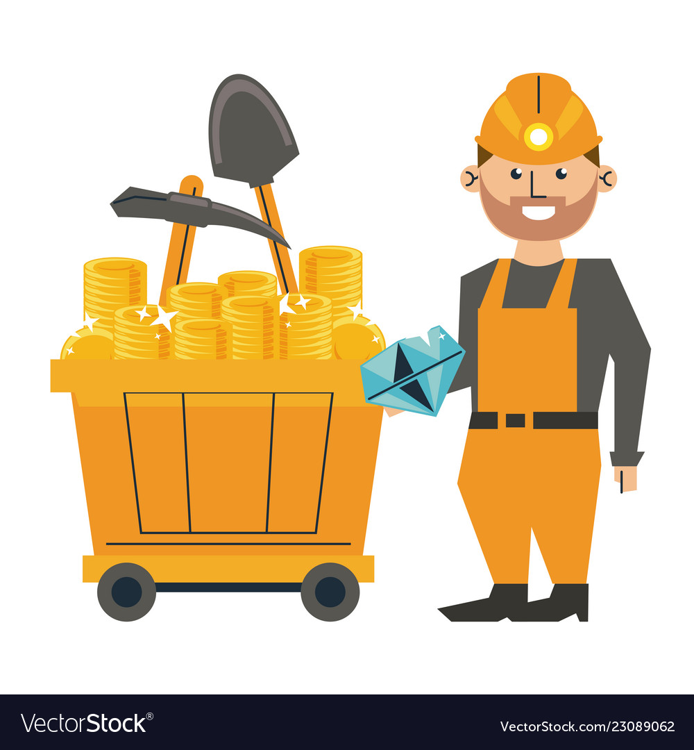 Diamond mining and worker with tools on wagon