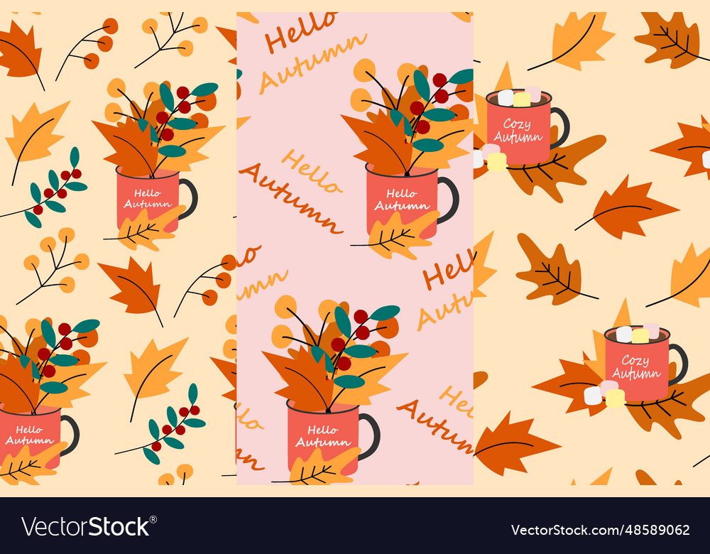 Set of seamless patterns cups with bouquet vector image Set of seamless patterns cups with bouquet