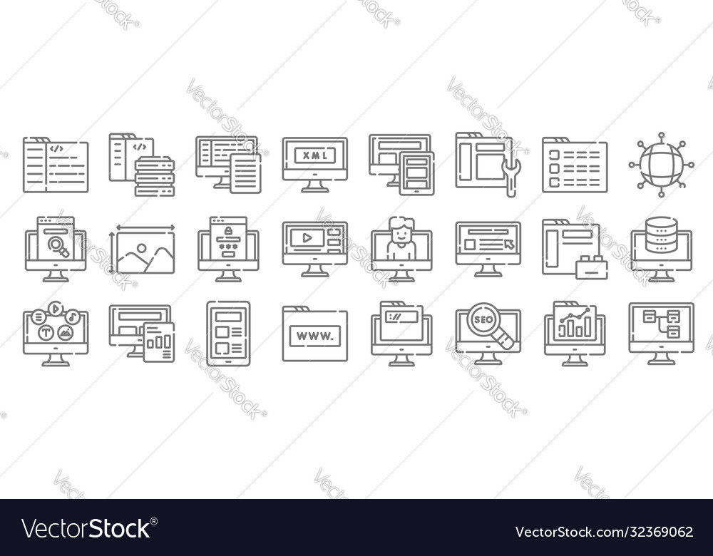 Web development line icons linear set quality vector image Web development line icons linear set quality