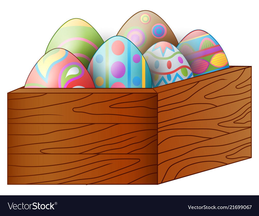 Easter colorful eggs in a brown wooden box