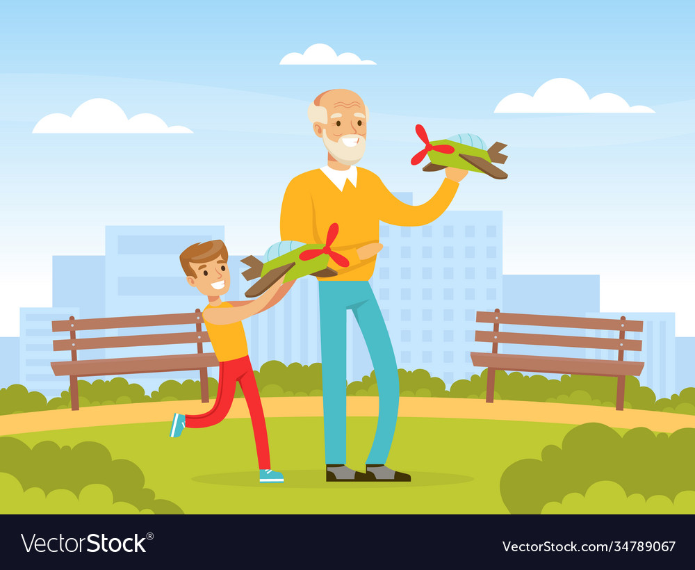Opa und Enkel spielen mit Spielzeugflugzeugen vector image Opa und Enkel spielen mit Spielzeugflugzeugen