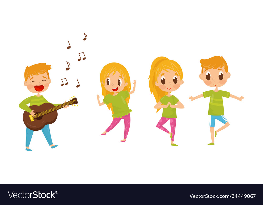 Little boy and girl playing guitar doing yoga vector image Little boy and girl playing guitar doing yoga