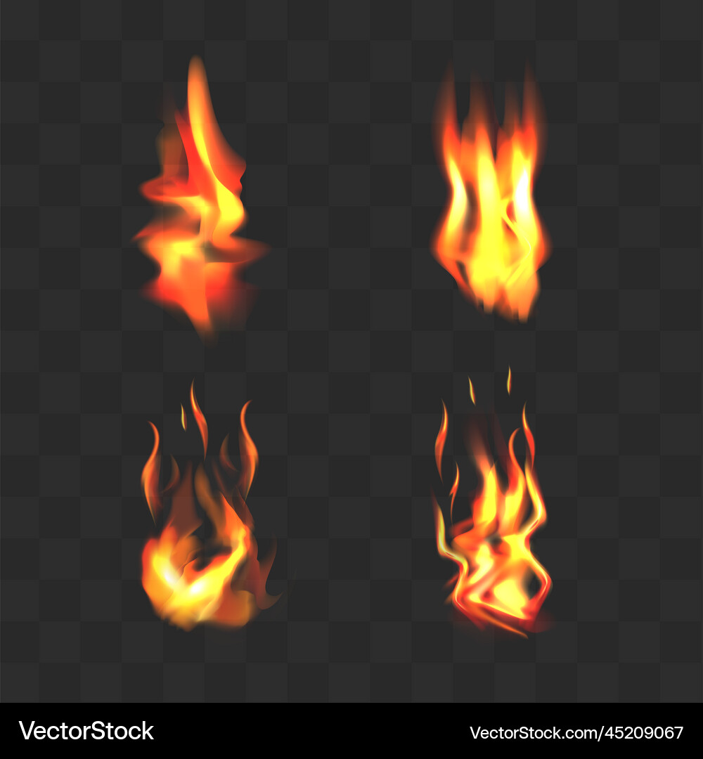 Set realistic flame fire transparent isolated Vector Image