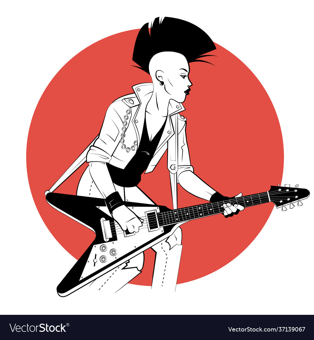 Young woman with electric guitar in sketch style