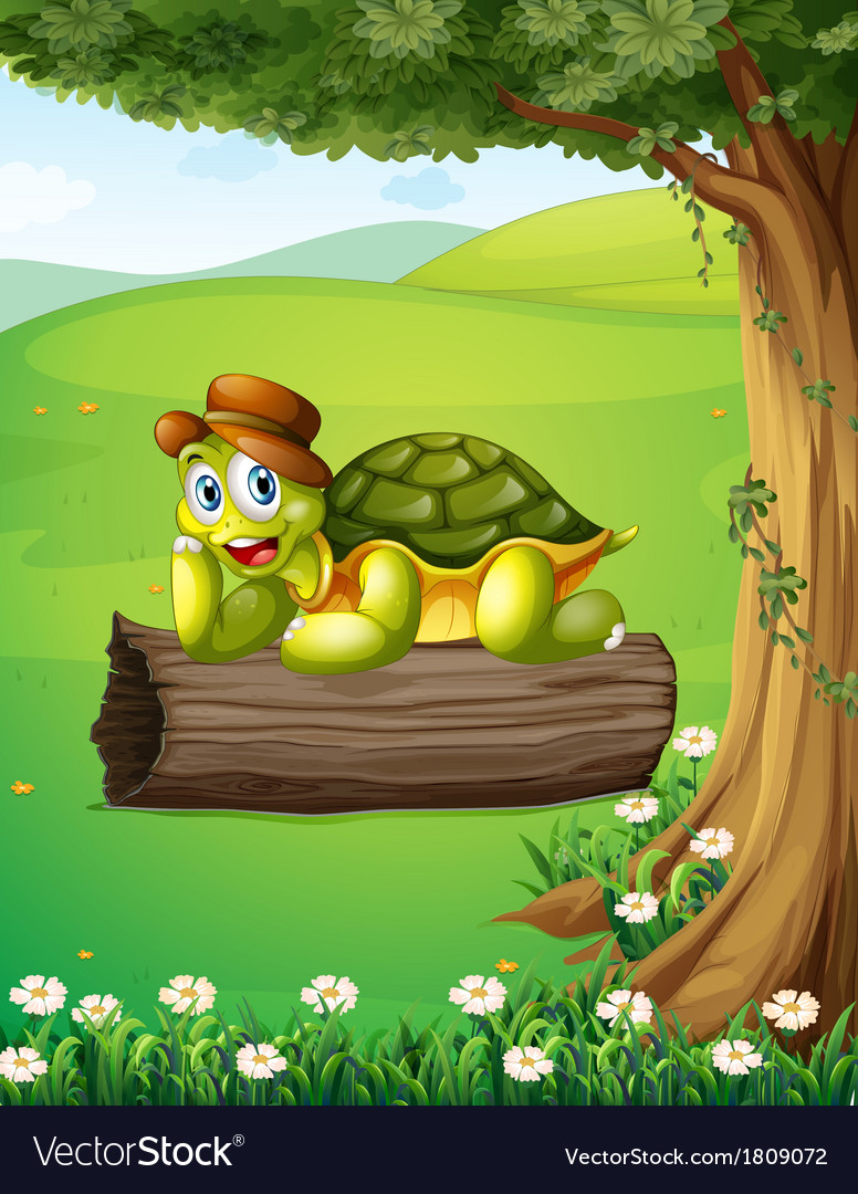 A turtle relaxing above the trunk under the tree Vector Image