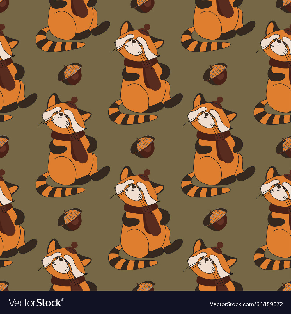 Autumn pattern with animals red panda character vector image Autumn pattern with animals red panda character