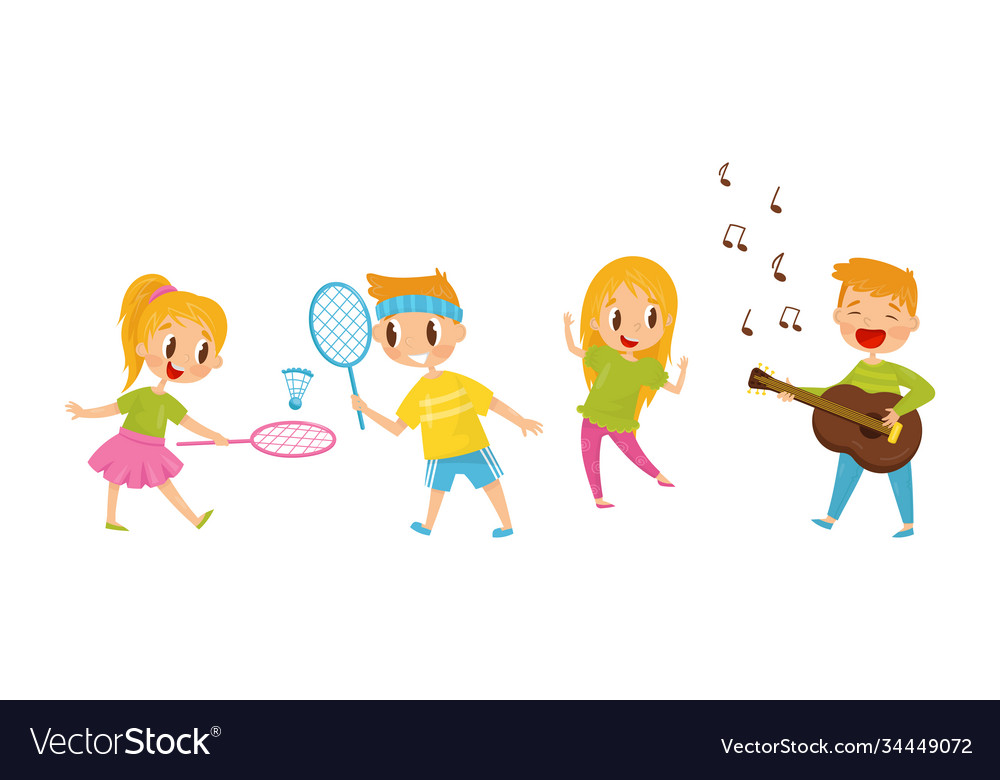 Little boy and girl playing guitar badminton