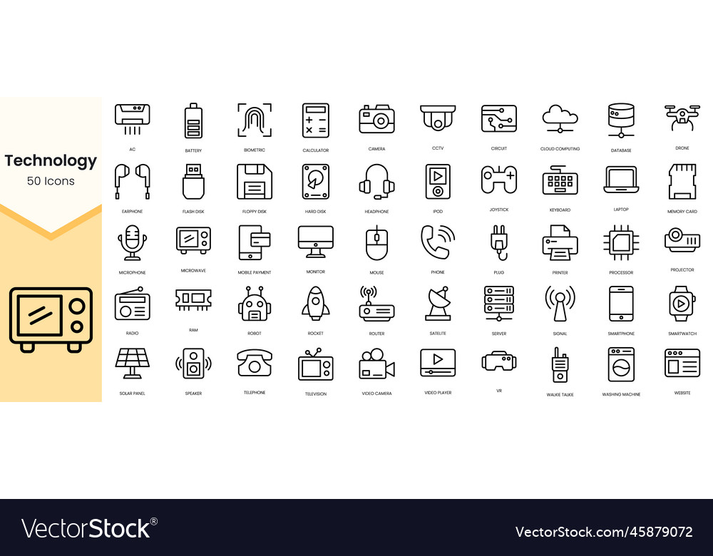 Simple outline set of technology icons linear vector image Simple outline set of technology icons linear