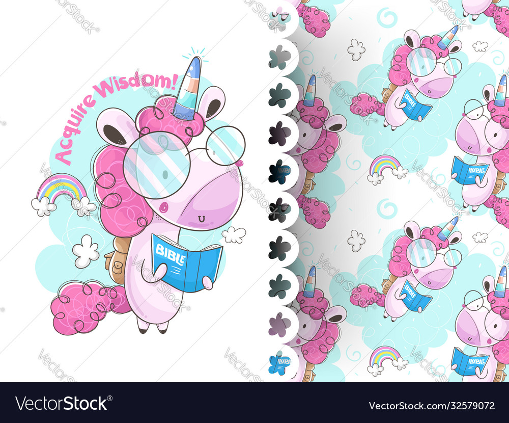 Unicorn reading a book with pattern background