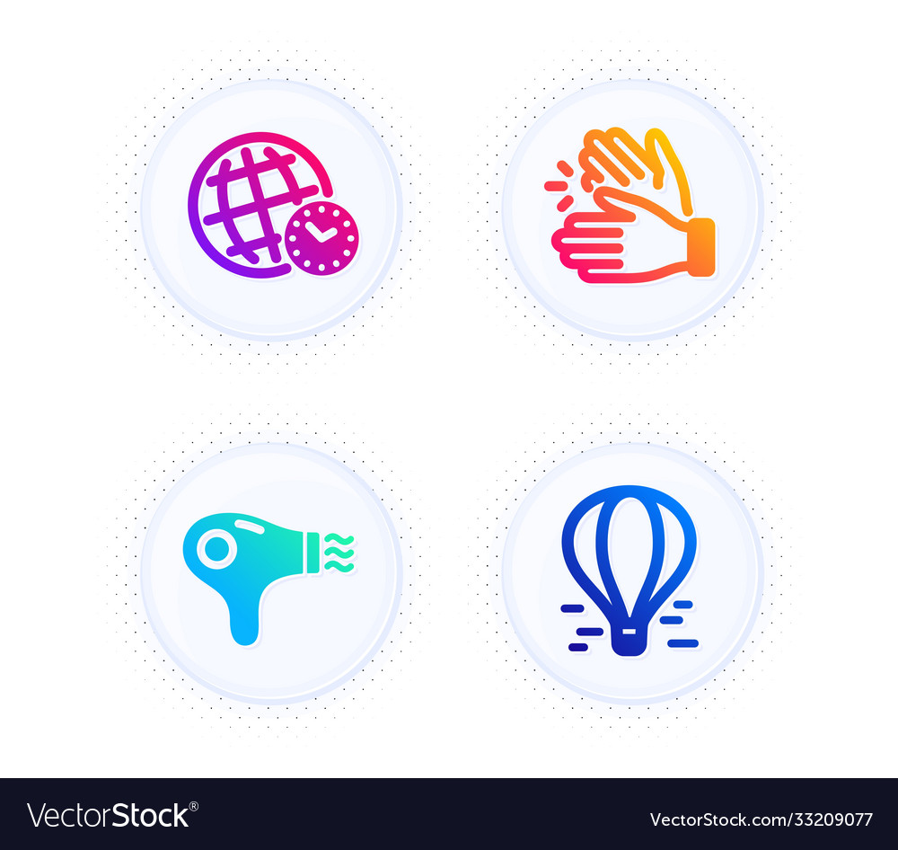 Hair dryer clapping hands and time zone icons set