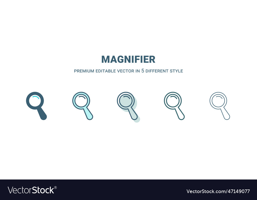 Magnifier icon in 5 different style outline vector image Magnifier icon in 5 different style outline