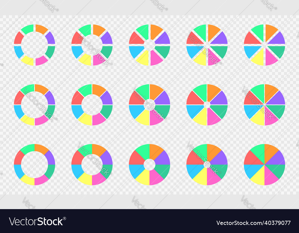 Pie and donut charts set circle diagrams divided