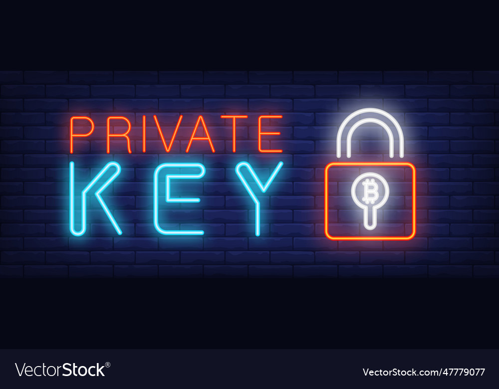 Private key neon text with padlock and bitcoin vector image Private key neon text with padlock and bitcoin