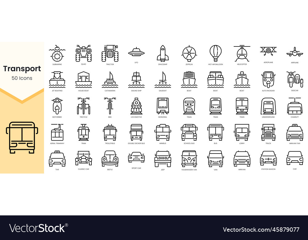Set of transportation icons simple outline style Vector Image Set of transportation icons simple outline style
