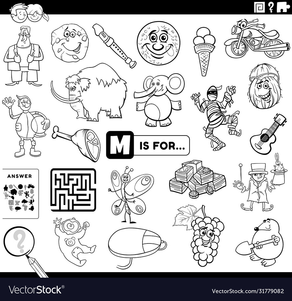 Letter M Educational Task Coloring Book Page Vector Image