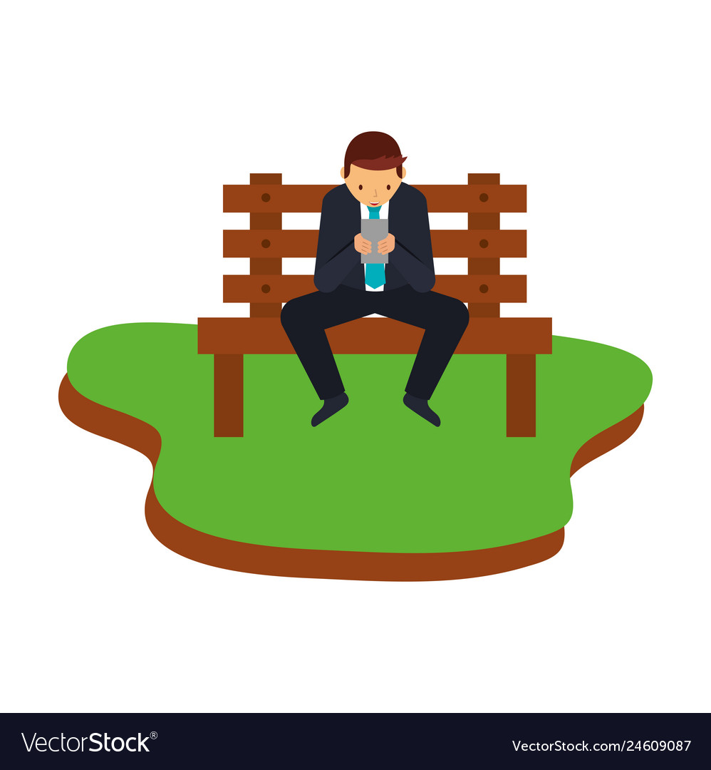Businessman using device on bench vector image Businessman using device on bench