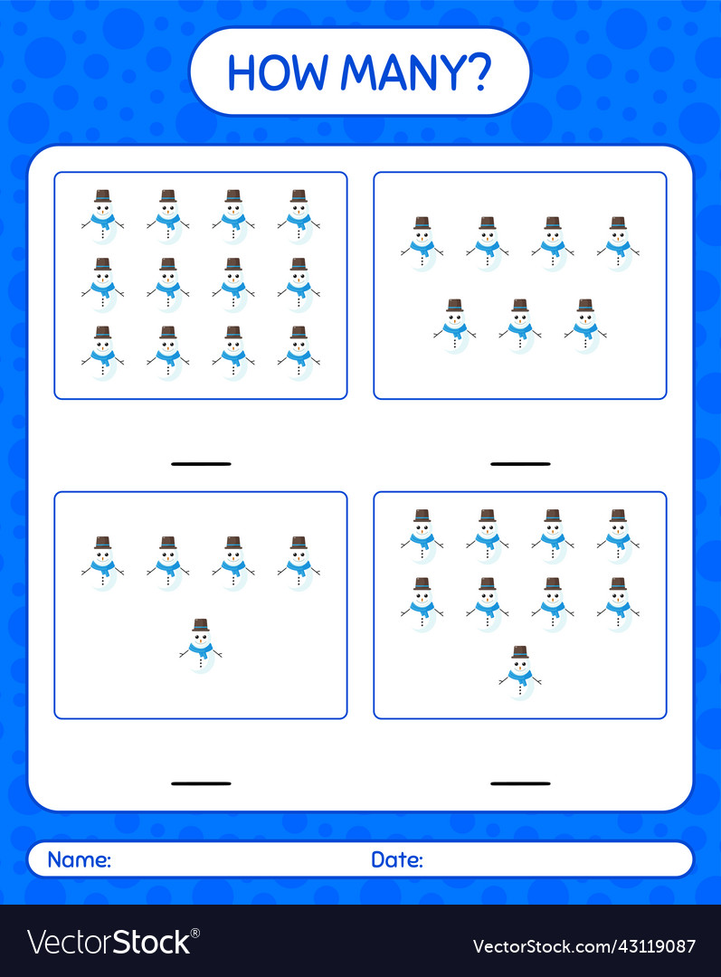How many counting game with snowman worksheet Vector Image How many counting game with snowman worksheet