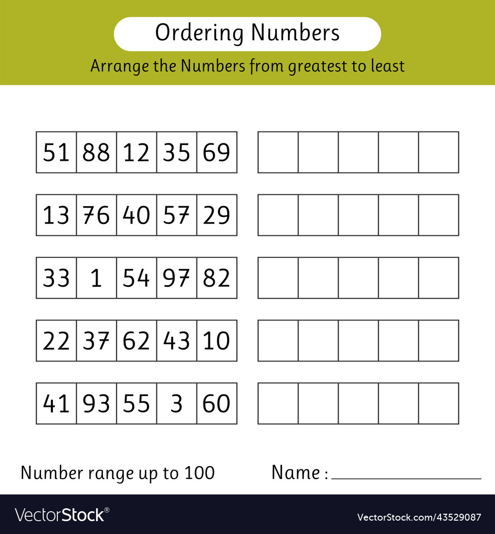 Ordering numbers worksheet number range up vector image Ordering numbers worksheet number range up