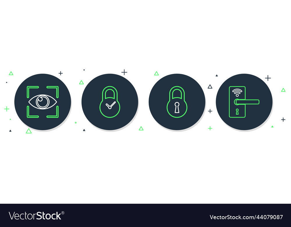 Set line padlock with clock lock eye scan Vector Image Set line padlock with clock lock eye scan