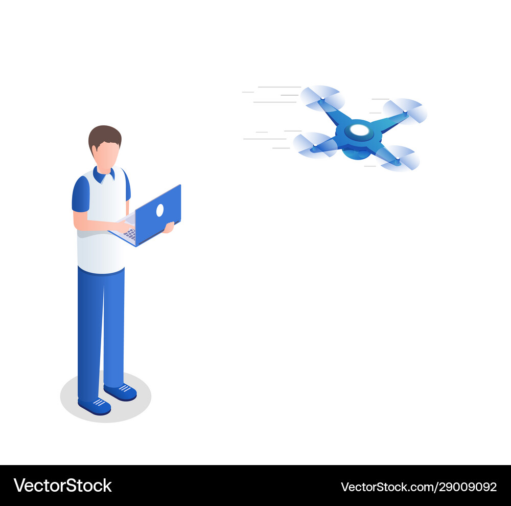 Guy controlling quadrocopter isometric Royalty Free Vector