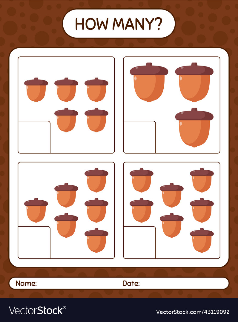 How many counting game with acorn worksheet vector image How many counting game with acorn worksheet