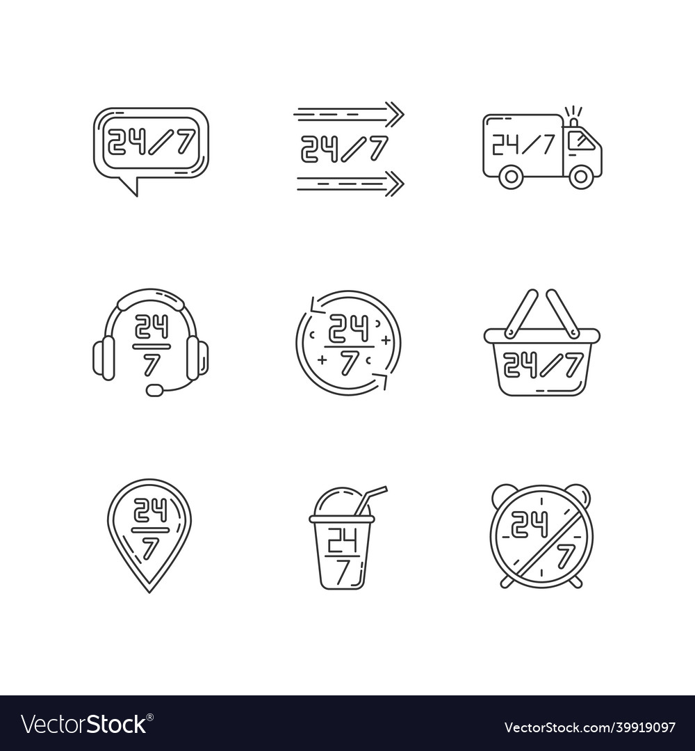 24 7 hour service pixel perfect linear icons set vector image 24 7 hour service pixel perfect linear icons set