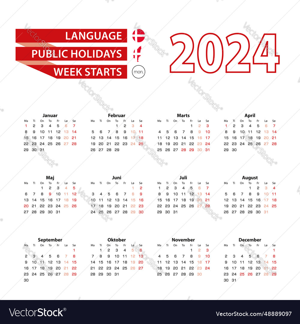 Calendar 2024 in danish language with public