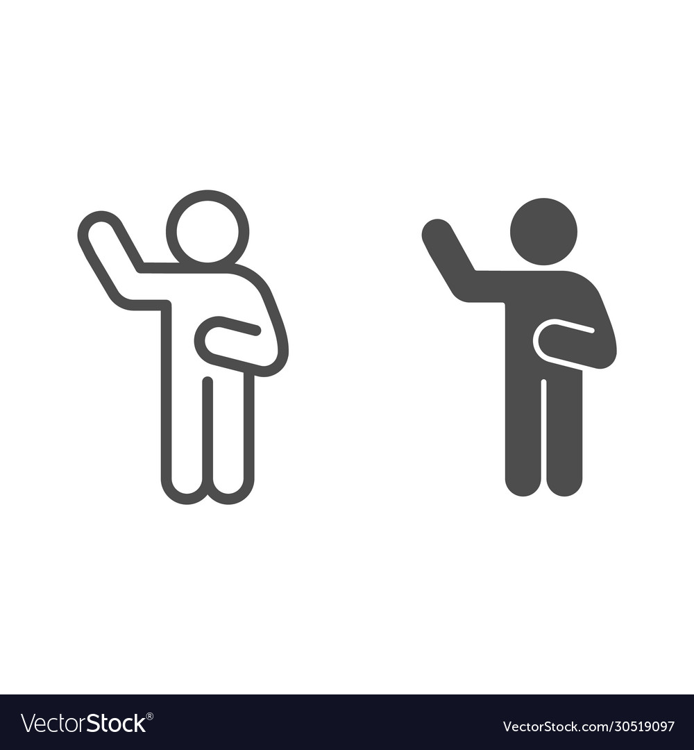Hello pose line and solid icon man with raised vector image Hello pose line and solid icon man with raised